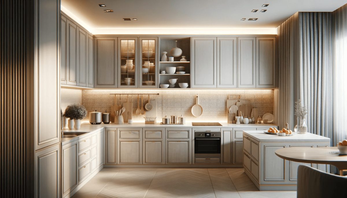 Interni di una cucina moderna con pensili decorati in modo elegante e funzionale, combinando elementi pratici e decorativi.