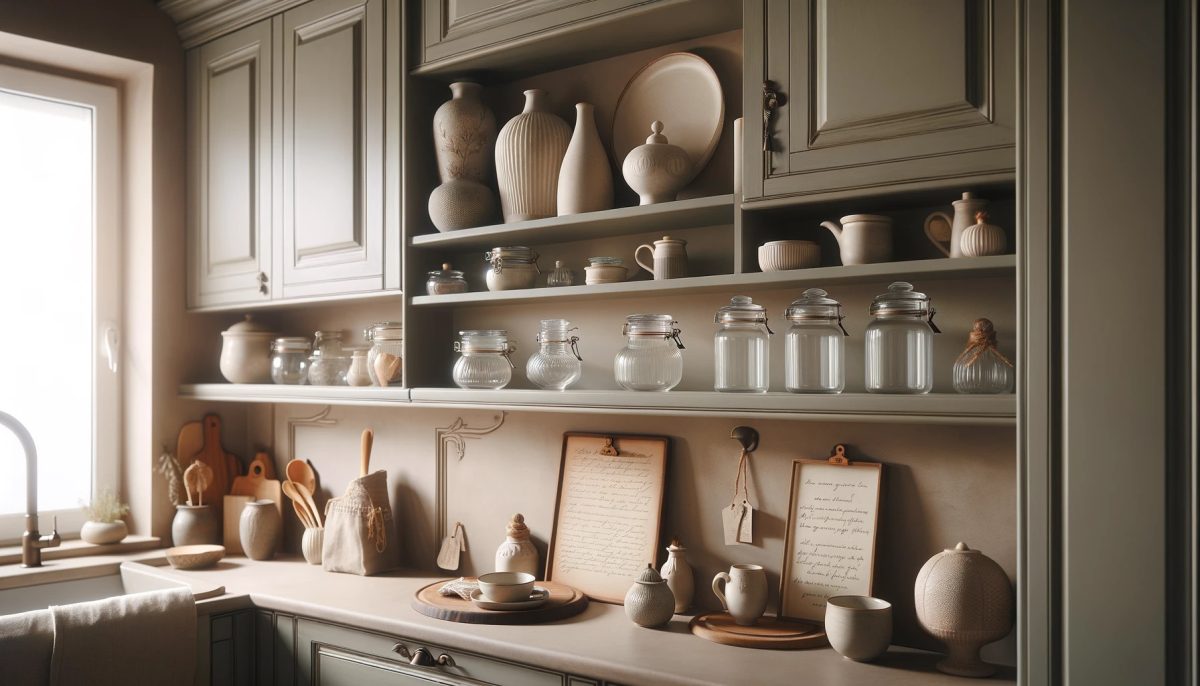 Interno di una cucina con design sobrio ed elegante, decorato con pochi oggetti selezionati, tra cui barattoli di vetro vintage e pezzi di ceramica semplici.