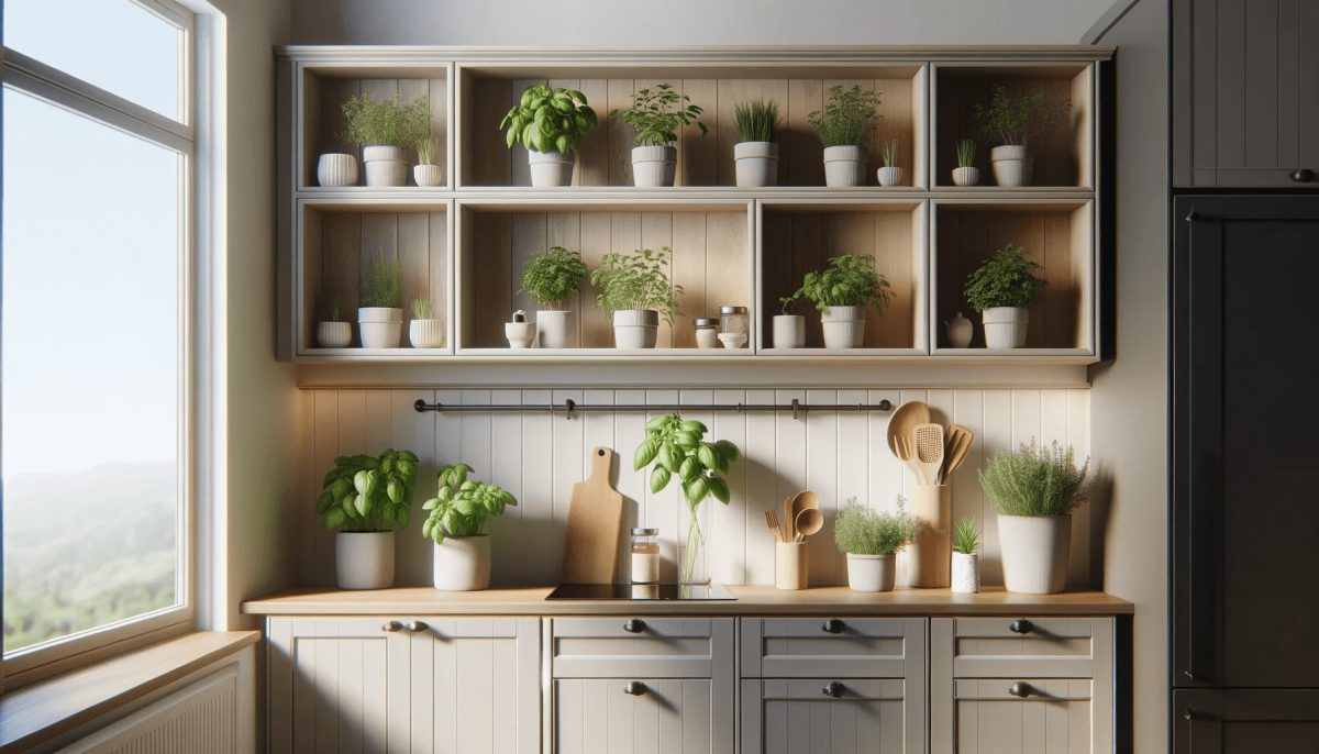 Interno di una cucina con piante, inclusa una piccola pianta di erbe aromatiche