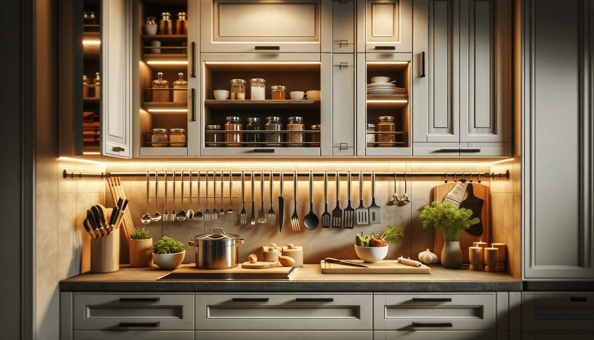 Cucina ben illuminata che mette in evidenza gli aspetti pratici del design dei pensili, con illuminazione sottopensile e accessori come mensole e porta utensili integrati.
