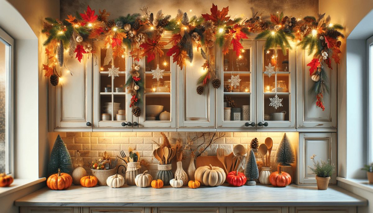 Cucina decorata in modo incantevole con temi stagionali, mostrando decorazioni natalizie e autunnali per creare un'atmosfera festosa e accogliente.