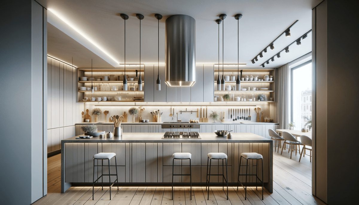 Interno di una cucina moderna che si concentra sulla gestione dello spazio e sui tipi di aperture dei pensili, mostrando un design ben pensato che massimizza sia la funzionalità che l'estetica.