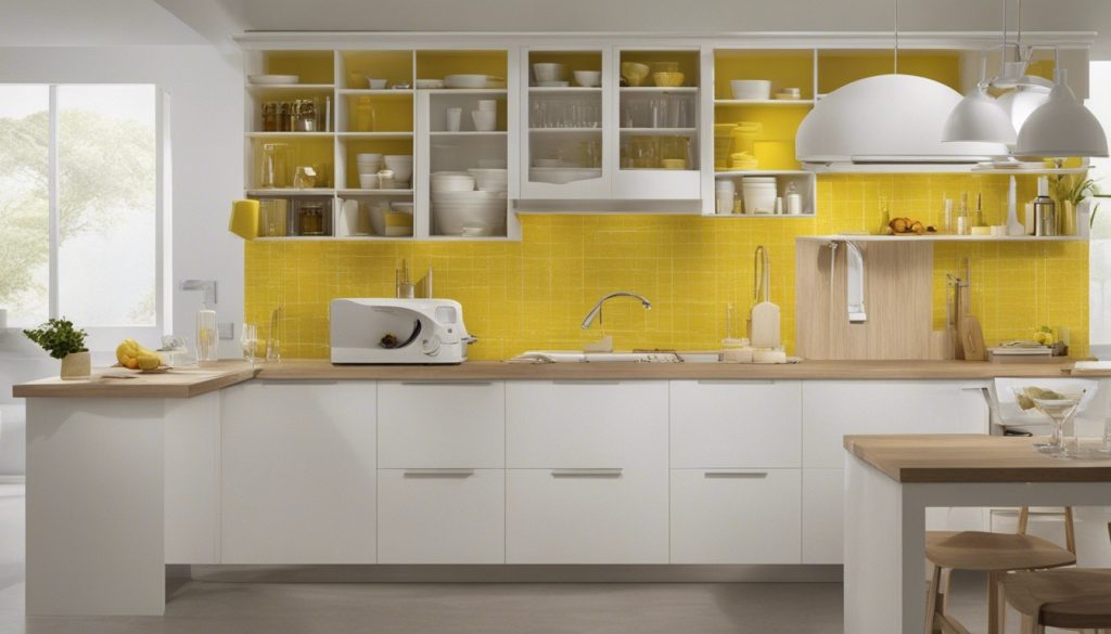 Cucina bianca con top in legno naturale e rivestimento giallo