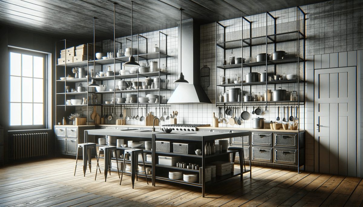 Cucina in stile industriale con elementi funzionali come ganci, scaffalature aperte, e un'ampia isola centrale.