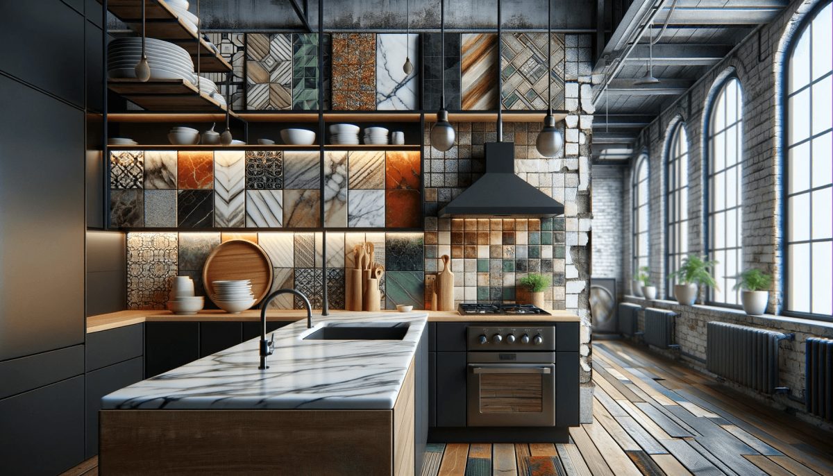 Cucina in stile industriale con elementi personalizzati, come top in marmo e piastrelle colorate, che aggiungono un tocco unico mantenendo lo stile.