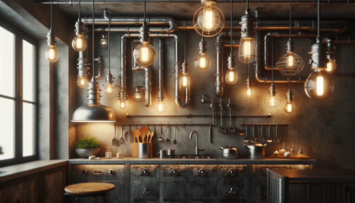 Cucina in stile industriale con illuminazione e decorazioni metalliche, accentuando il carattere e l'atmosfera dello spazio.