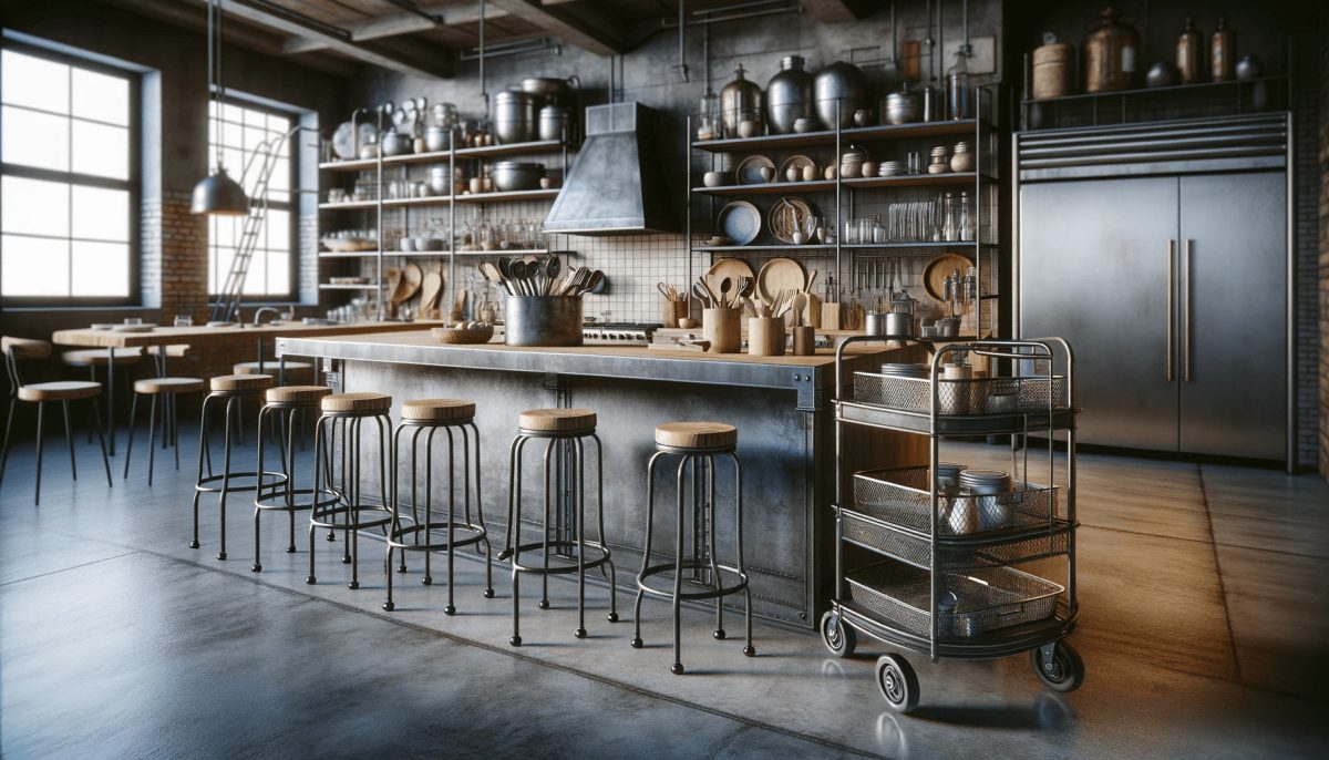 Cucina in stile industriale con mobili funzionali e accessori in tema, come banconi su ruote e scaffalature aperte.