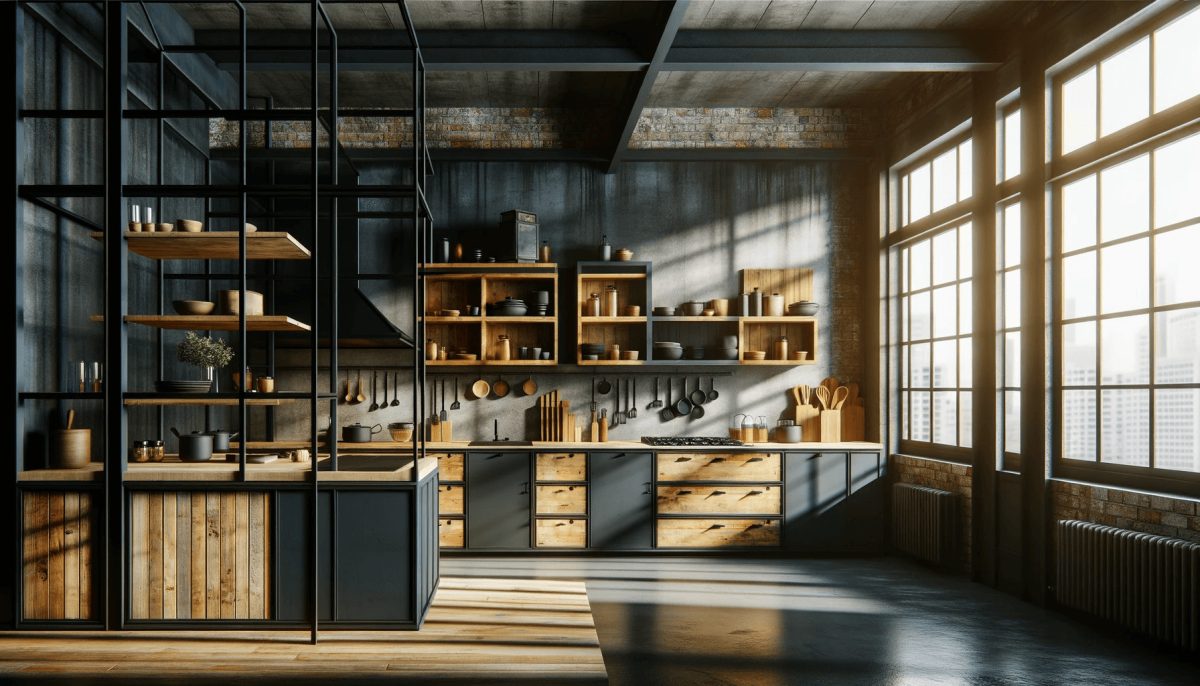 Cucina industriale che combina colori come nero e grigio con materiali naturali per un equilibrio visivo e autentico.