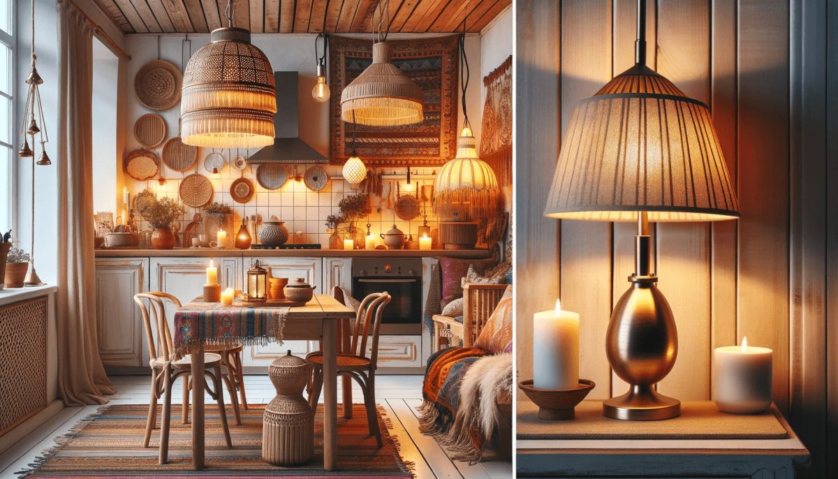 Diverse fonti di luce in una cucina boho chic che creano un'atmosfera calda e accogliente.