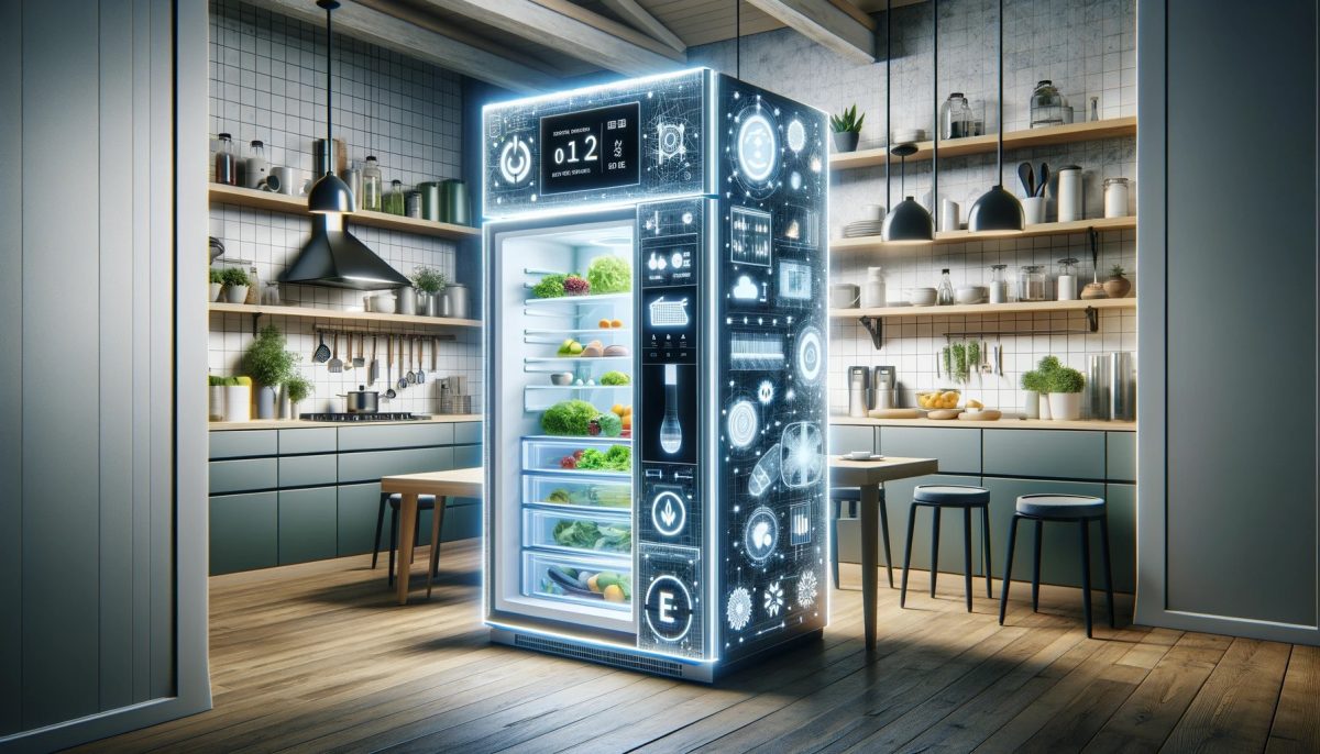 Una cucina eco-friendly moderna che mette in risalto un frigorifero trasparente, sottolineando l'importanza degli elettrodomestici a basso consumo energetico.