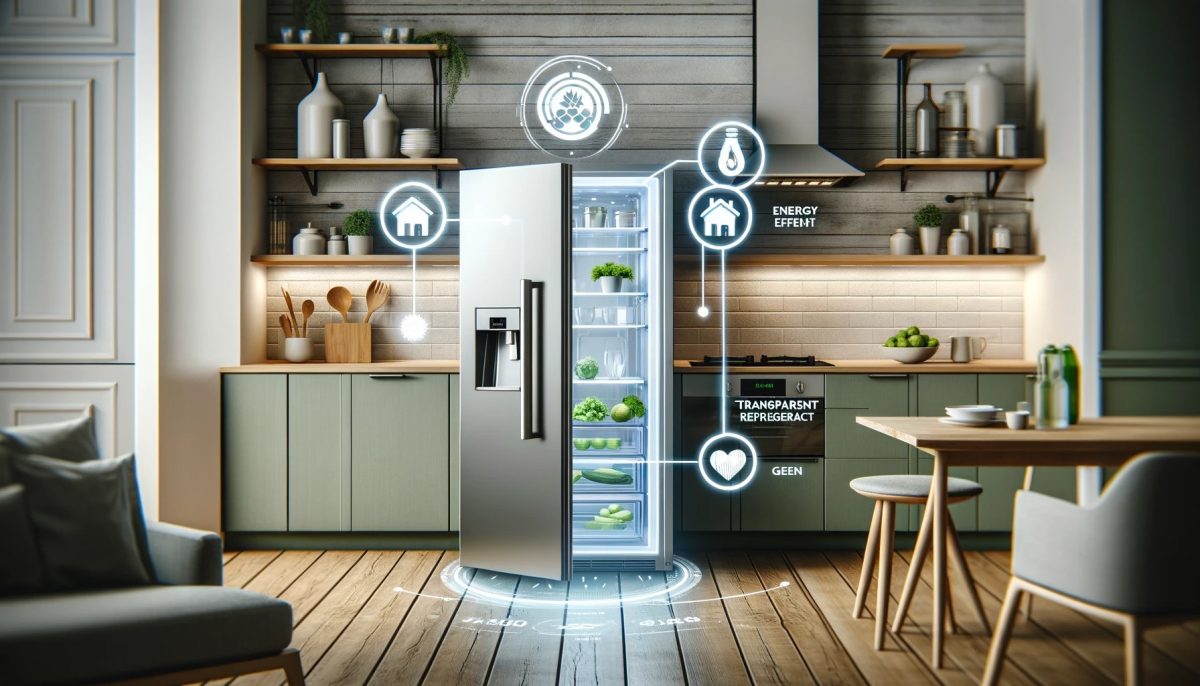Una cucina moderna eco-friendly con un frigorifero trasparente che evidenzia il risparmio energetico e la sostenibilità.