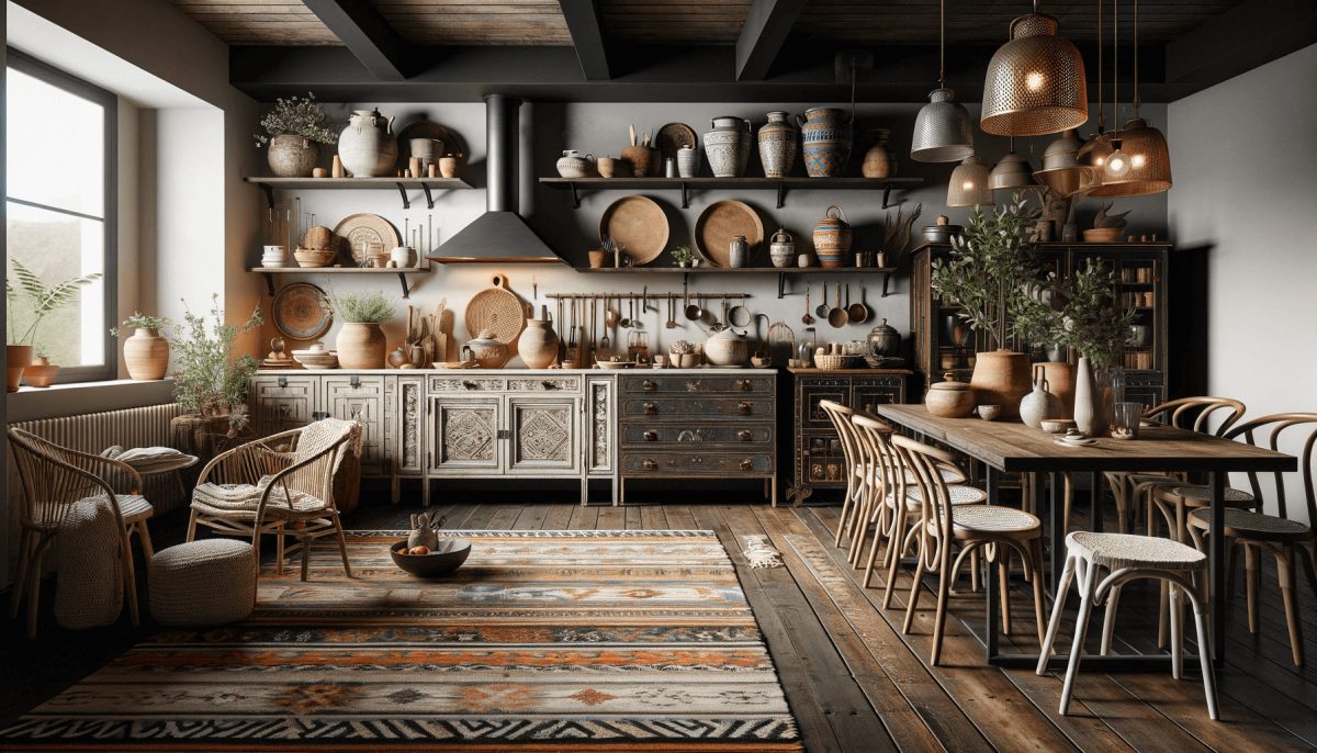 Un ambiente che unisce arredi vecchi e nuovi in una cucina boho chic, creando uno spazio accogliente e personalizzato.