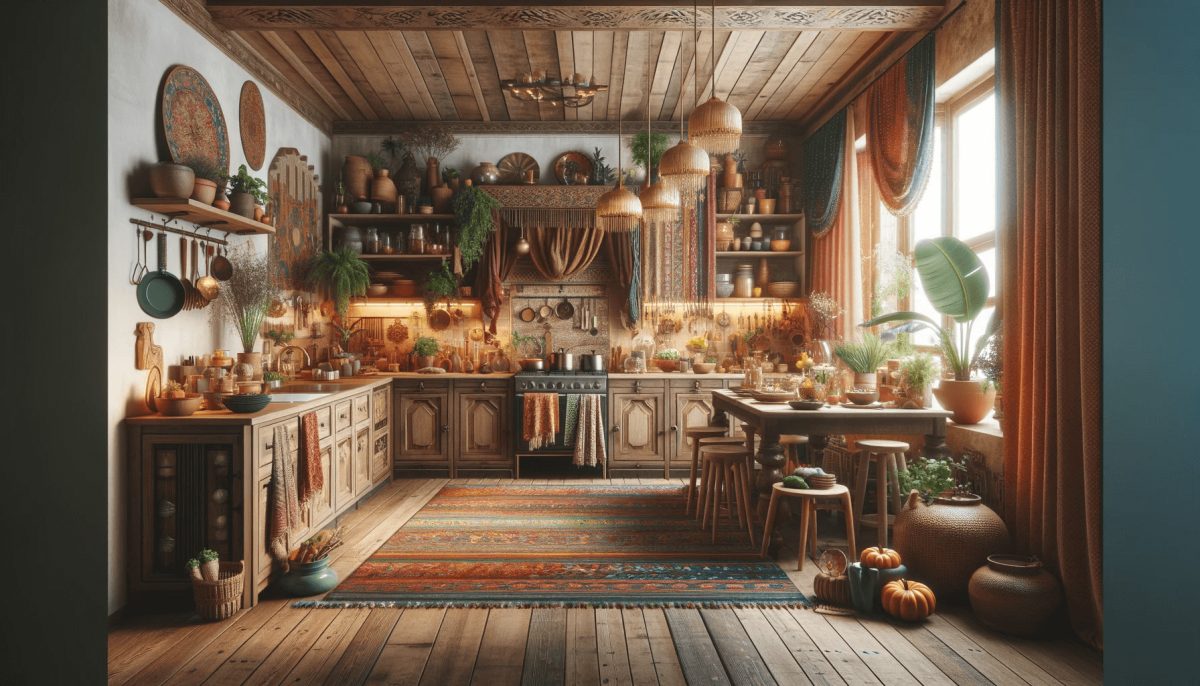 Una cucina arredata in stile boho chic, riflettendo l'atmosfera calda e accogliente.
