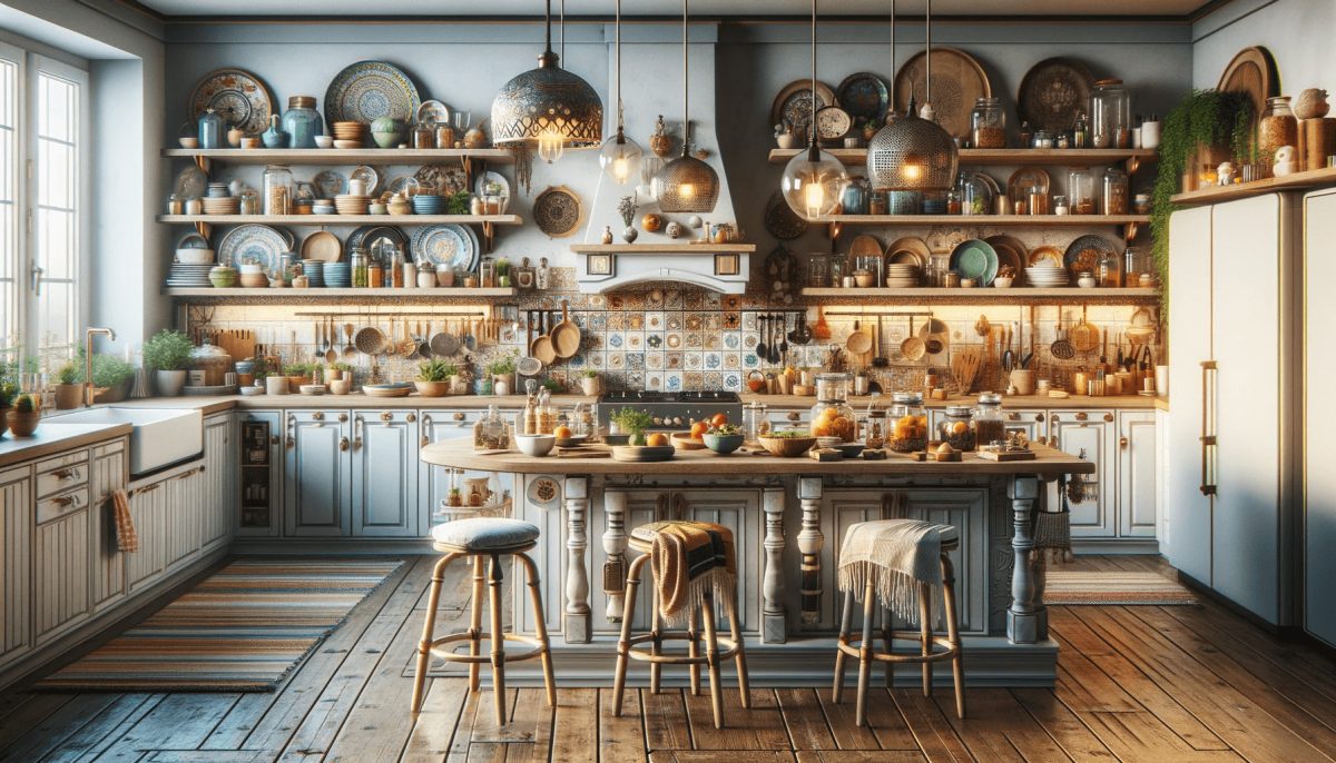 Una cucina boho chic funzionale, in cui gli elementi decorativi e pratici sono bilanciati in modo armonioso.