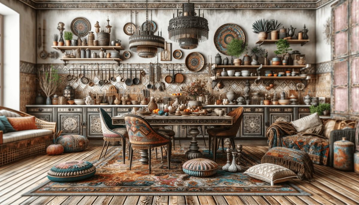 Una cucina boho chic vivacemente decorata con colori e tessuti, creando un'atmosfera calda e creativa.