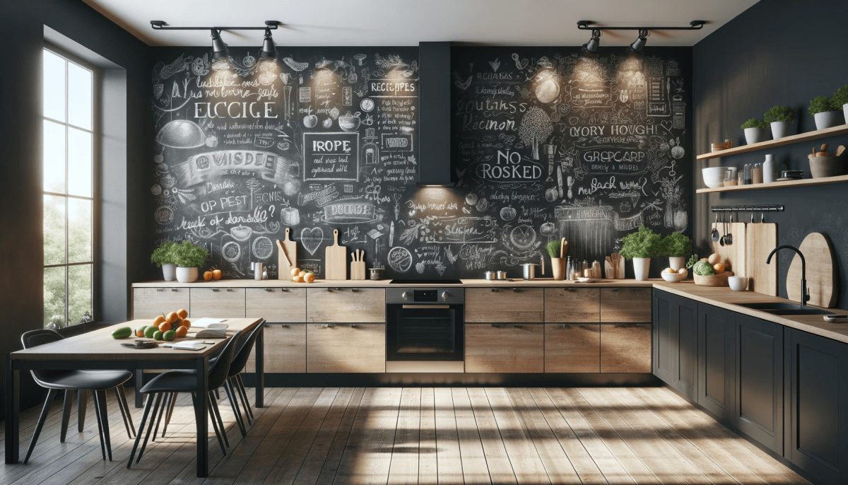 Una parete lavagna utilizzata in modo creativo, con ricette scritte a mano, liste della spesa e disegni artistici, dimostrando come questo elemento possa essere funzionale e al tempo stesso aggiungere un tocco di stile alla cucina.