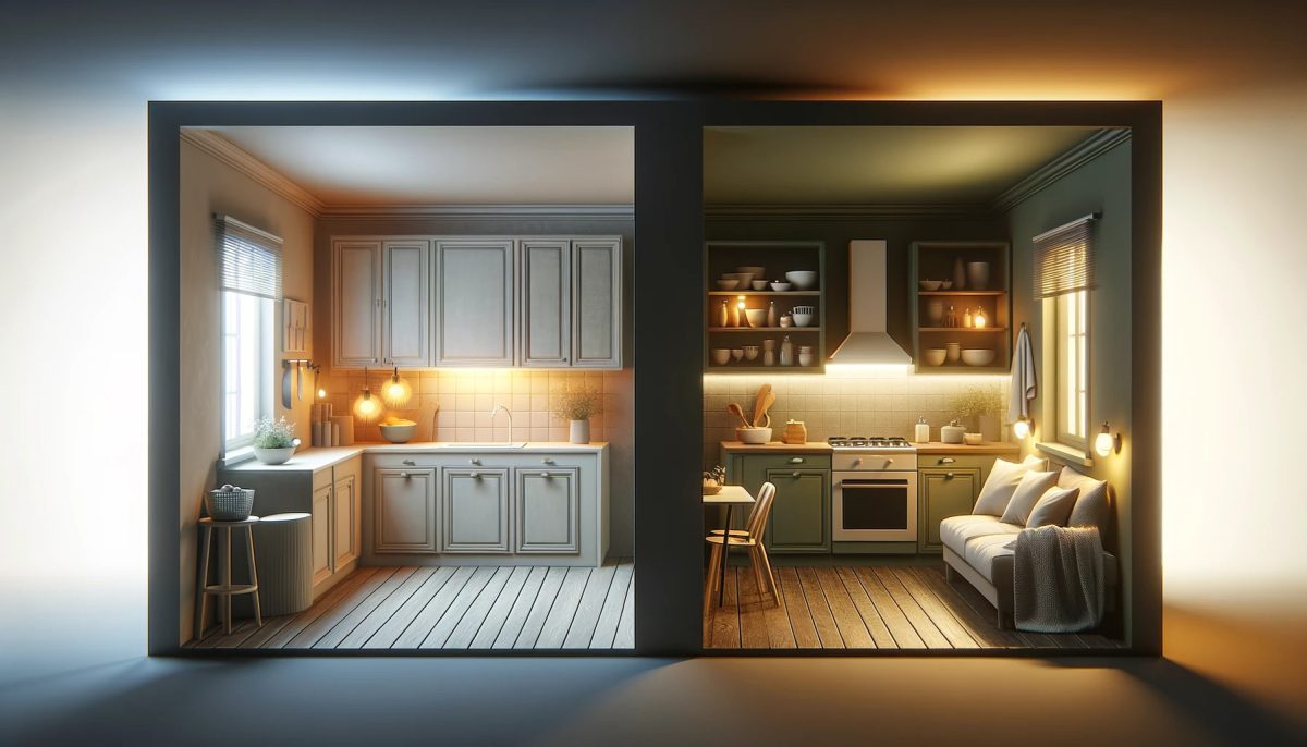 L'immagine mostra come la scelta dei colori delle pareti e dell'illuminazione possa influenzare la percezione dello spazio, rendendo una cucina più spaziosa e luminosa o più accogliente e intima.