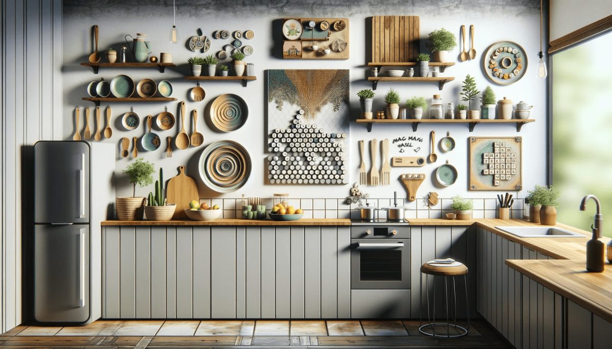Come Arredare le Pareti di una Cucina? L'immagine mostra diverse idee creative, come l'uso di mensole per esporre oggetti decorativi, composizioni artistiche e soluzioni fai-da-te, che trasformano le pareti vuote in spazi funzionali e personalizzati.