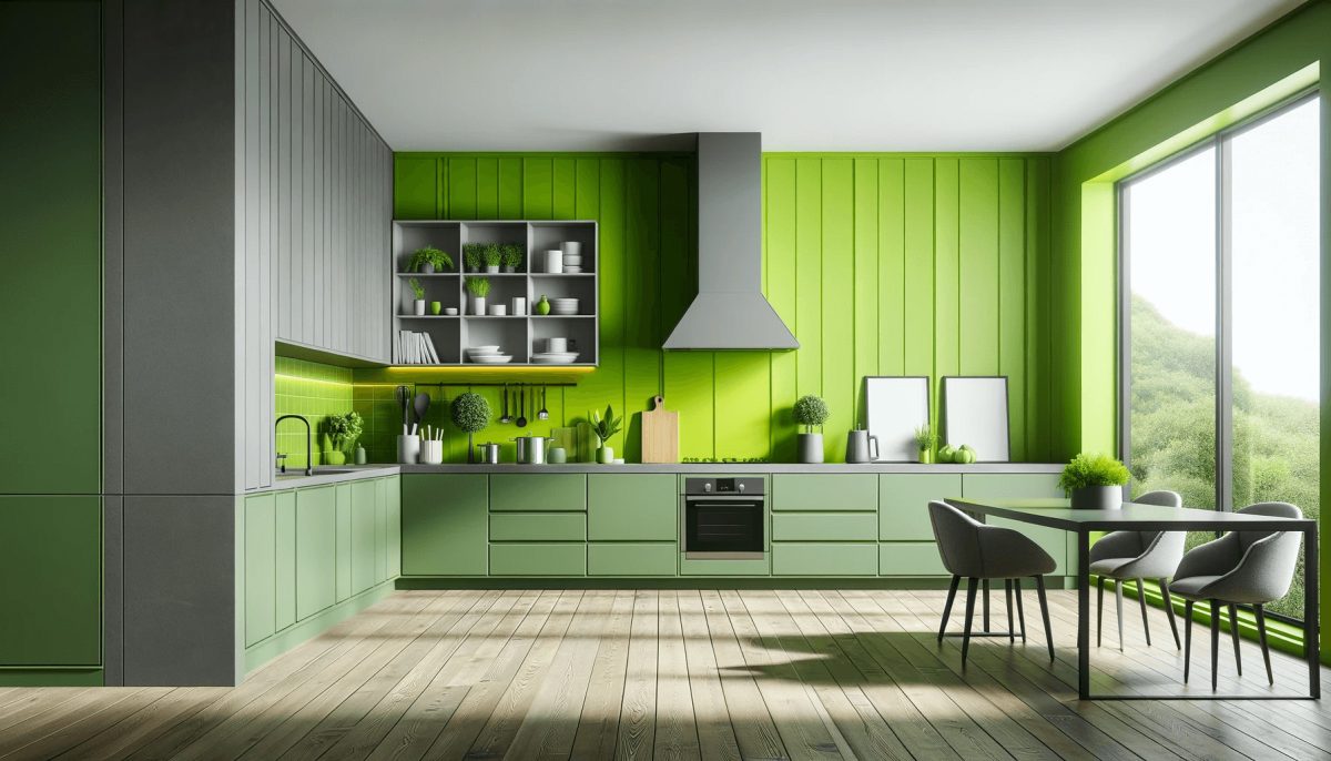 Una cucina moderna con una parete in un vivace verde lime. Questo colore aggiunge un tocco di freschezza e modernità allo spazio, rendendo la cucina più vivace e accogliente.