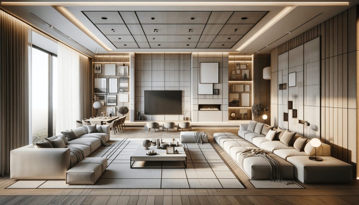 Soggiorno rettangolare spazioso e moderno, con divano al centro, TV e camino su una parete lunga, decorazioni geometriche e illuminazione naturale.
