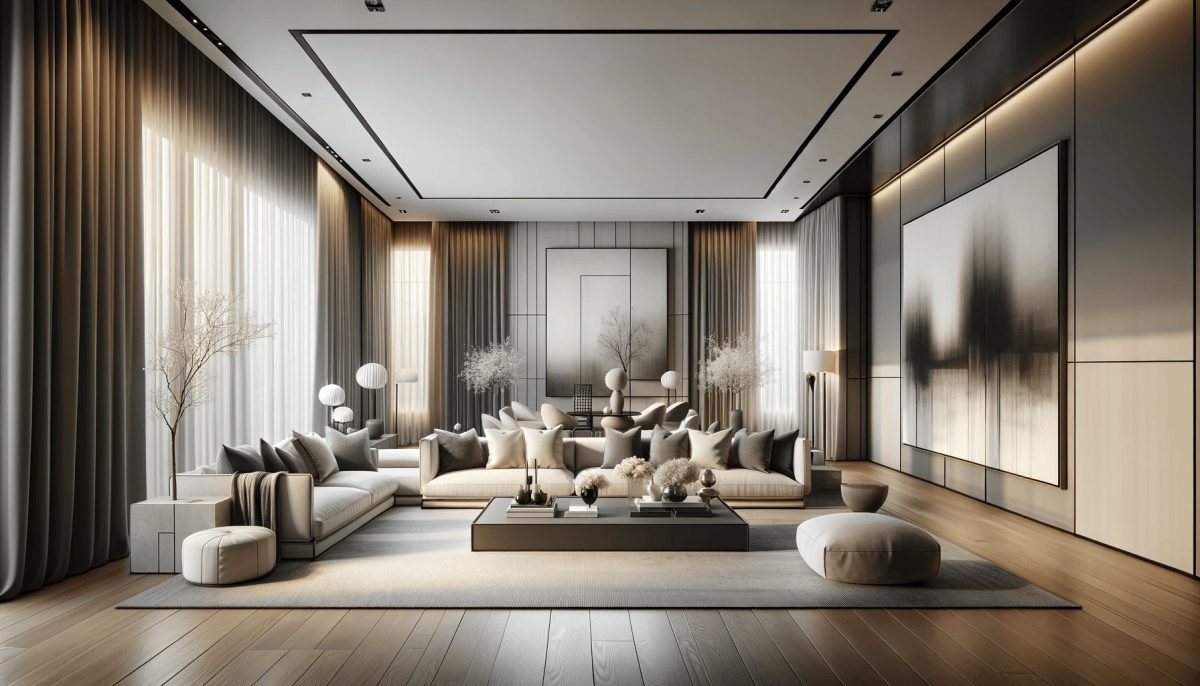 Soggiorno rettangolare con palette di colori monocromatica e neutra, parete di accento colorata, e grandi quadri decorativi.