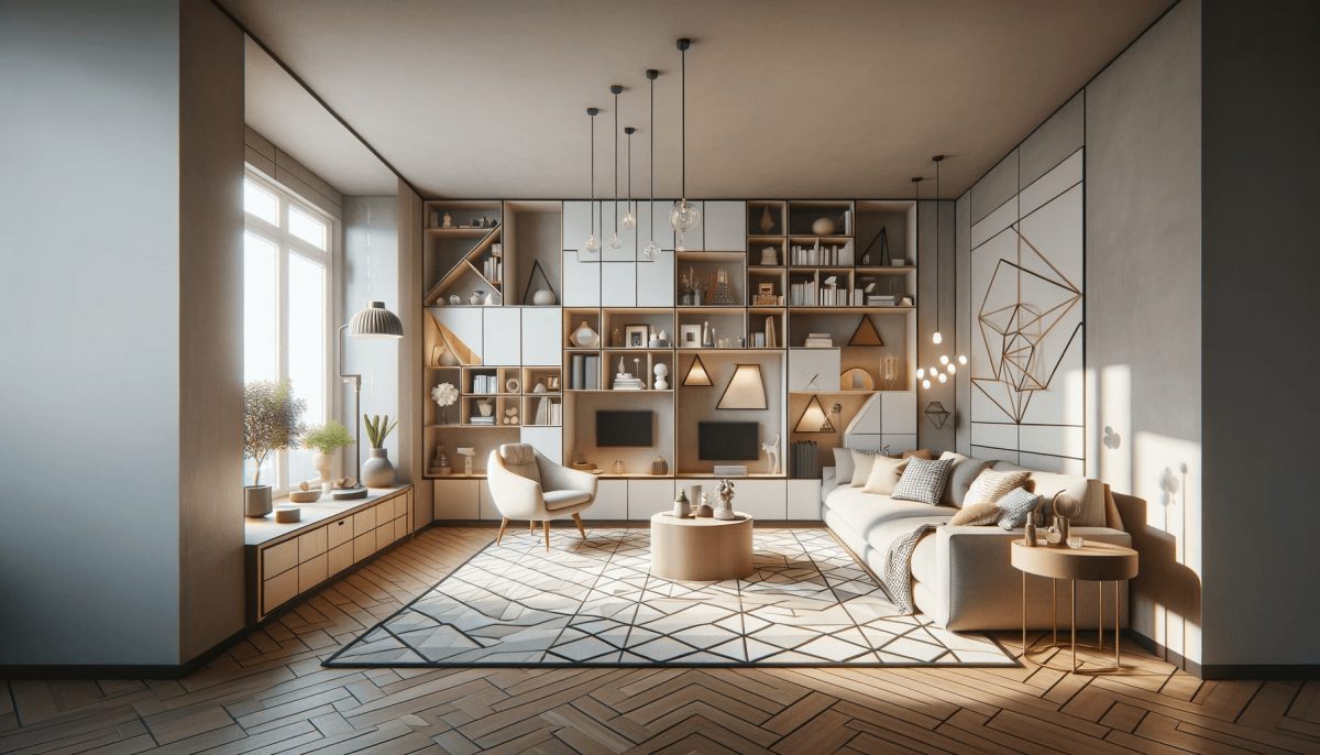 Soggiorno rettangolare con angoli sfruttati per mobili funzionali e decorazioni geometriche varie.