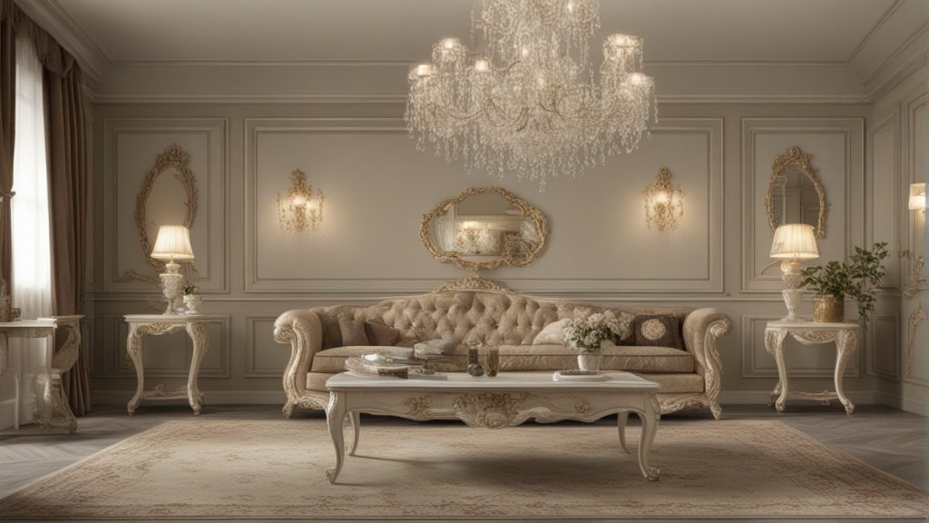 Soggiorno classico con lampada da tavolo in ceramica e specchio decorativo.