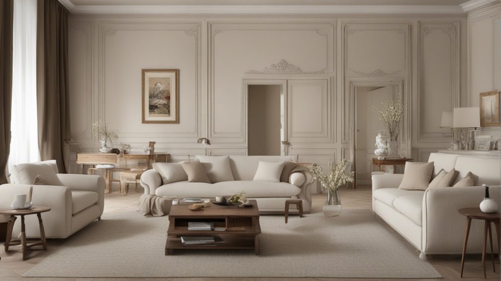 Soggiorno classico con divano beige e dettagli in legno scuro.