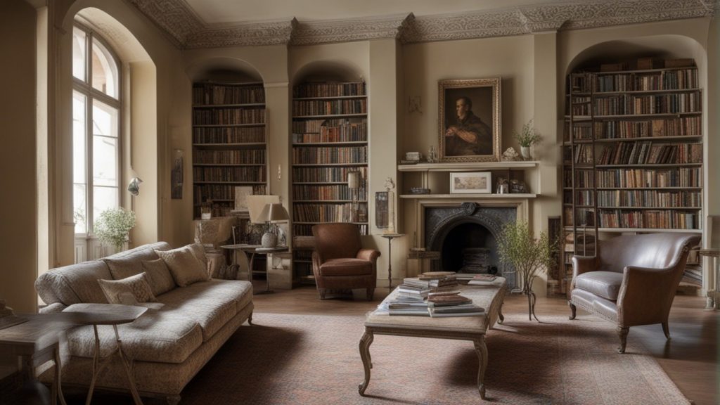 Soggiorno classico con librerie in legno e mensole per esporre libri e oggetti decorativi.