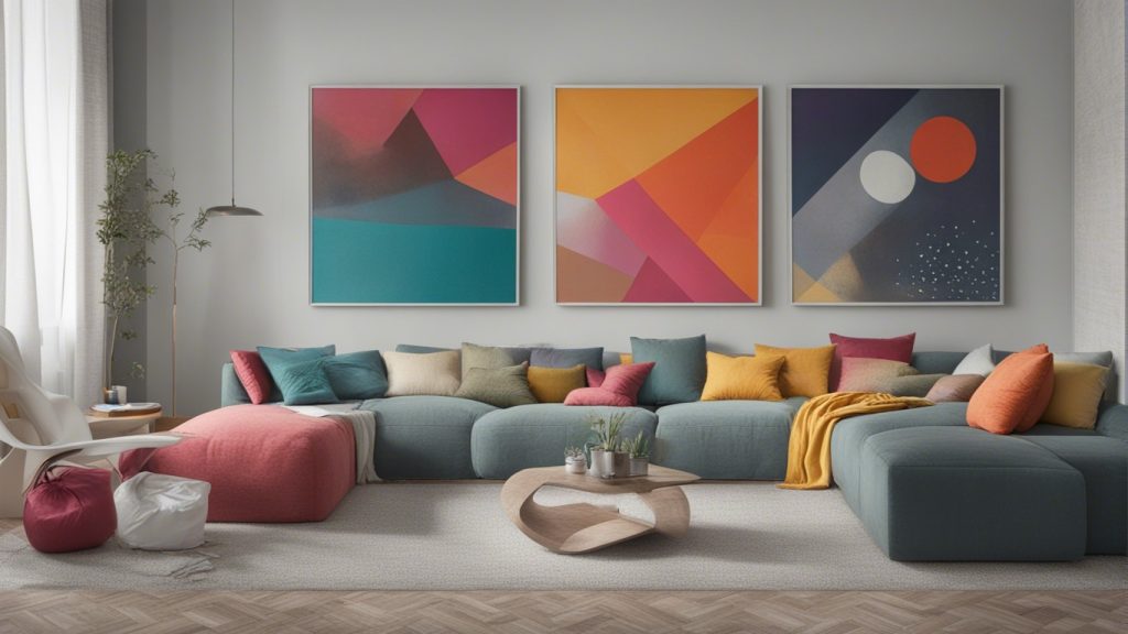 Soggiorno moderno con quadri astratti e cuscini colorati