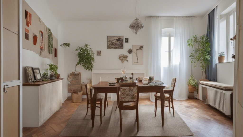 Soggiorno con tappeto colorato e quadri alle pareti per aggiungere calore e personalità