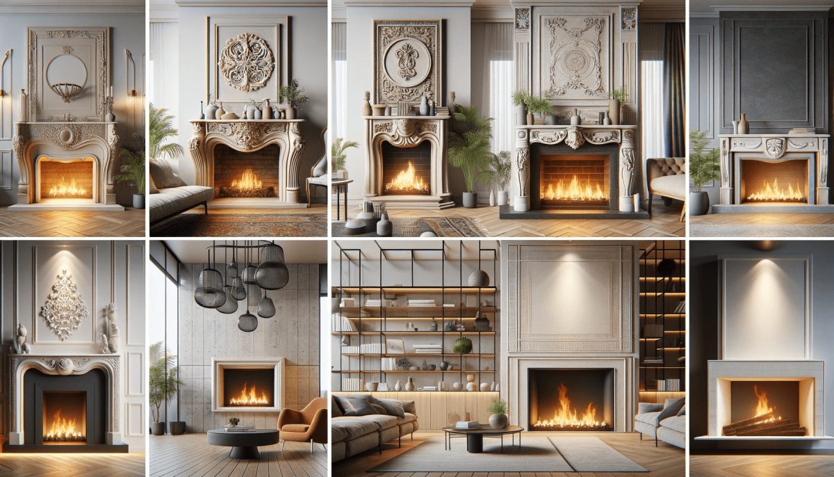 Collage di stili di caminetti per soggiorno, includendo un caminetto antico classico, uno moderno, uno sospeso minimalista e uno ad angolo per spazi ridotti
