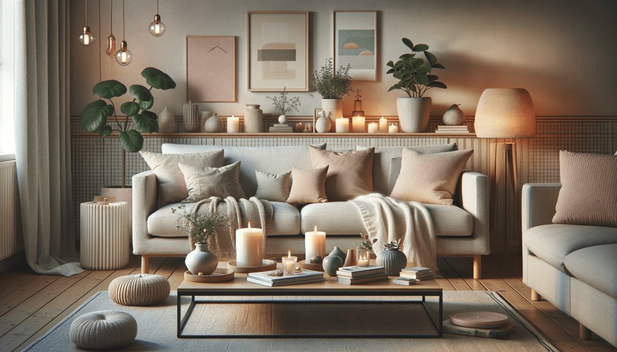 Soggiorno in stile scandinavo con candele profumate, piante d'interno, cuscini color pastello, un plaid in lana sul divano, e illuminazione elegante, riflettendo un ambiente caldo e accogliente.