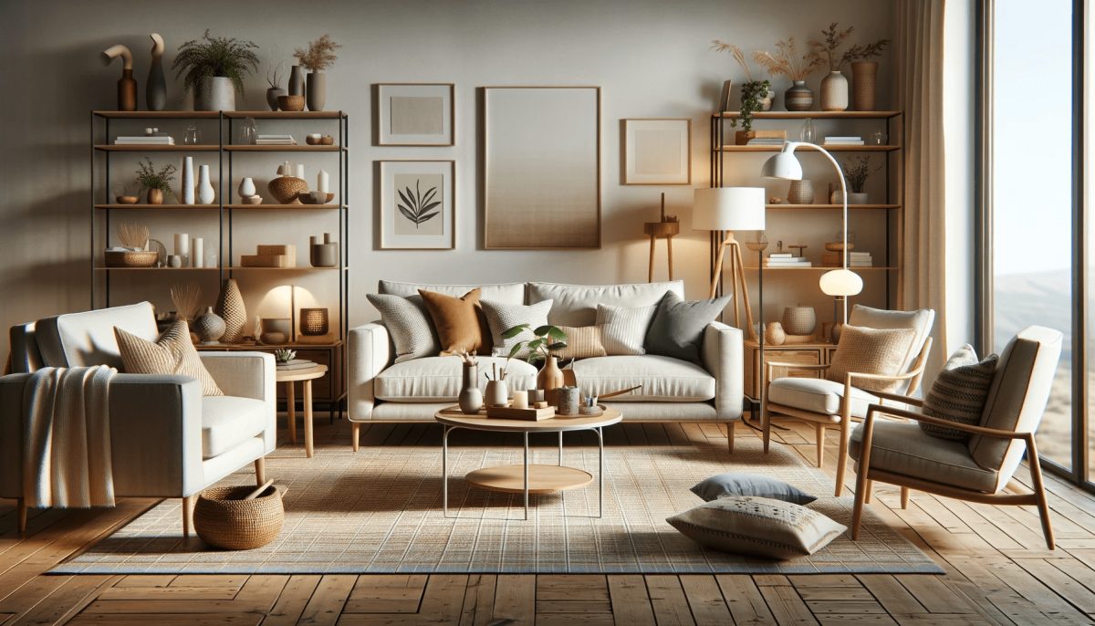 Soggiorno in stile scandinavo con divani e poltrone neutri, cuscini colorati, tavolino centrale in legno o vetro, lampade semplici, arte moderna e piante.