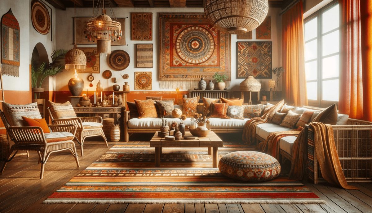 Scena di design interno in stile etnico con mobili in legno, bambù e rattan, tessuti in cotone e lino, cuscini decorati e arte tribale.