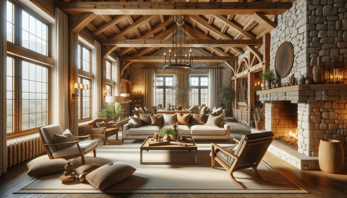 Soggiorno elegante in stile rustico con travi in legno a vista, pareti in pietra, grande camino, mobili confortevoli e piante verdi.