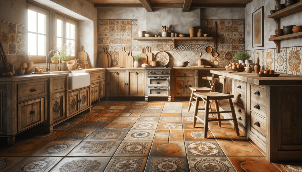 Cucina in stile rustico con pavimento in terracotta, pareti con cementine decorative, top in pietra naturale e area pranzo con mobili in legno.