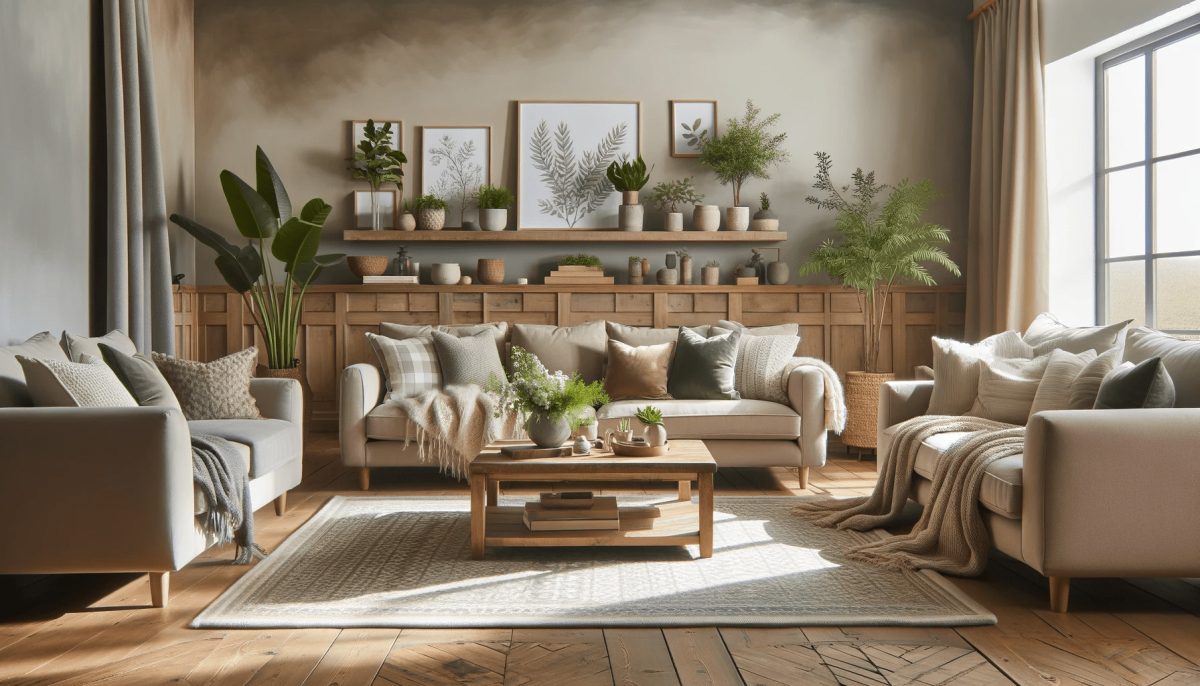 Soggiorno in stile rustico con pareti beige, mobili grigi e tortora, tavolino in legno, divani in tonalità neutre e piante verdi per un tocco di vitalità.