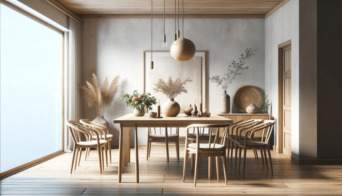 Sala da pranzo minimalista in stile rustico con grande tavolo in legno, sedie eleganti, schema di colori neutri e tocchi di colore vibrante, e accessori rustici selezionati con cura.