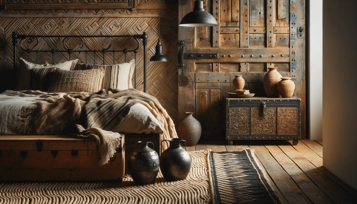 Camera da letto in stile rustico con porta in legno anticato, letto con testiera in ferro battuto, cassapanca vintage, tappeto intrecciato, vasi di terracotta e tessuti artigianali, illuminata da una lampada a sospensione in stile industriale.