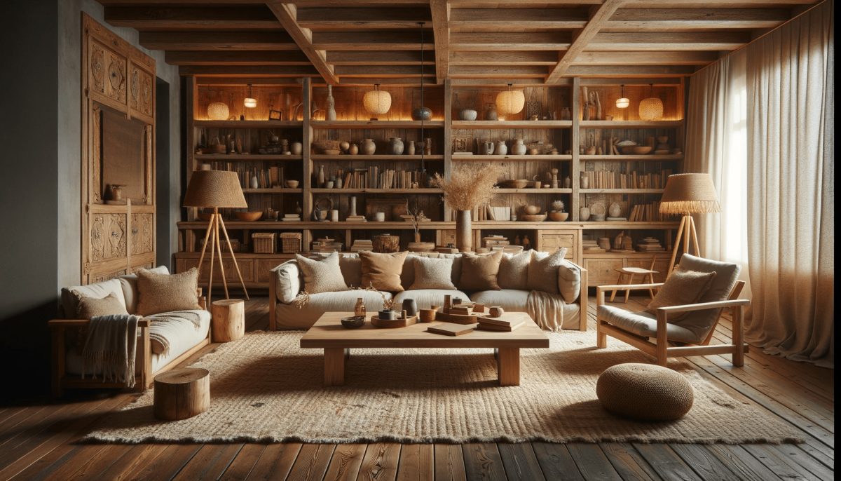 Soggiorno spazioso in stile rustico con grande divano in tessuto naturale, poltrone in legno con cuscini morbidi, tavolino in legno massello, tappeto in fibre naturali, librerie in legno e illuminazione calda da lampade da terra e a sospensione.
