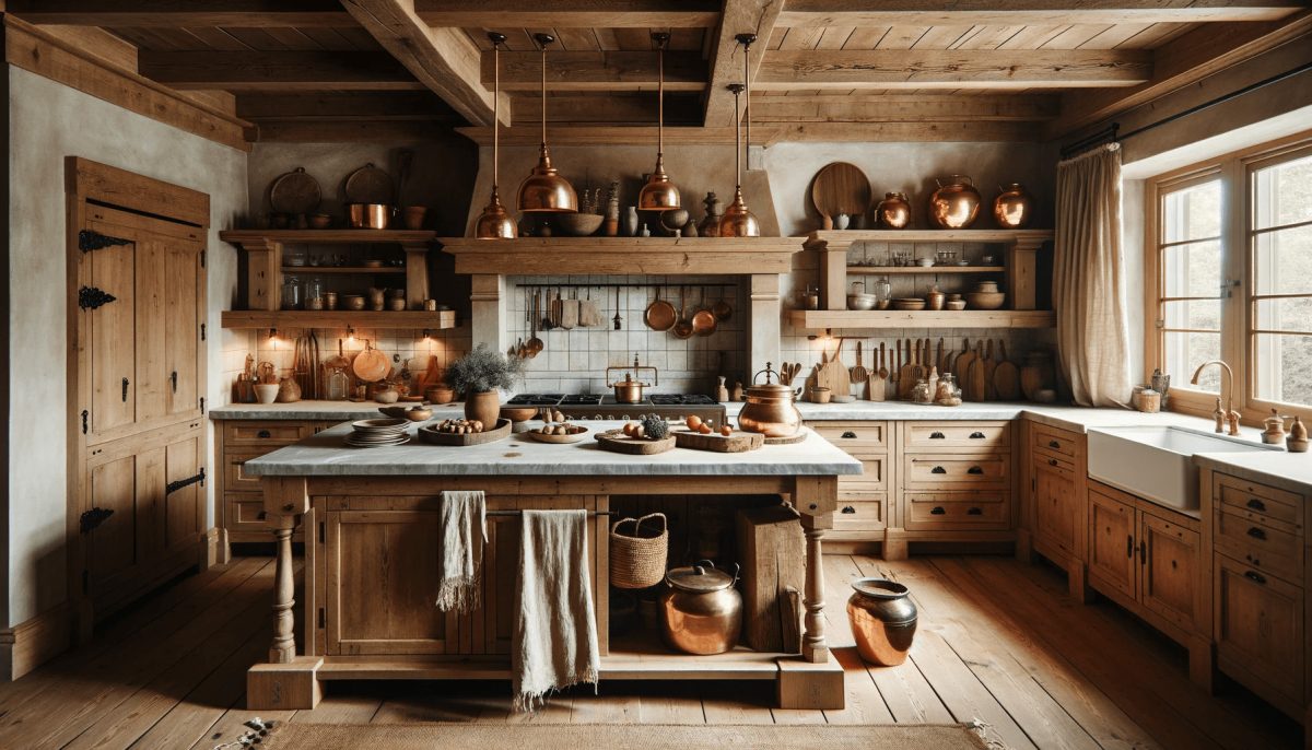 Cucina in stile rustico con mobili in legno massello, piano di lavoro in pietra o marmo, isola centrale, pentole in rame, tessuti in lino e illuminazione con lampadario rustico o lampade a sospensione.