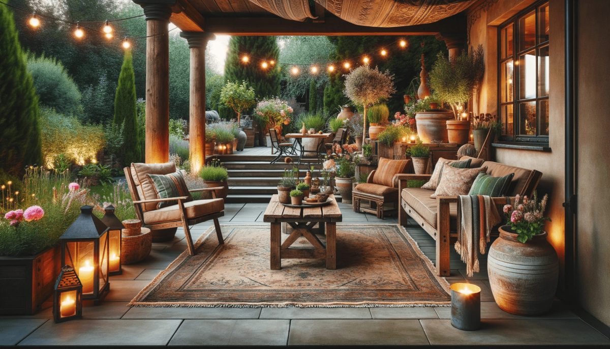 Terrazzo o giardino in stile rustico con mobili robusti in legno o ferro battuto, cuscini morbidi, tappeto vintage da esterno, filo di lampadine per un'atmosfera serale magica, e piante in vaso per un tocco di verde.