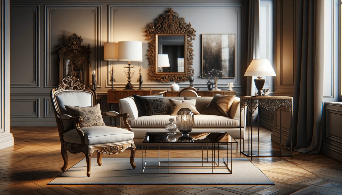  Selezione dei mobili, mostrando un ambiente elegante dove si combinano mobili classici e moderni.