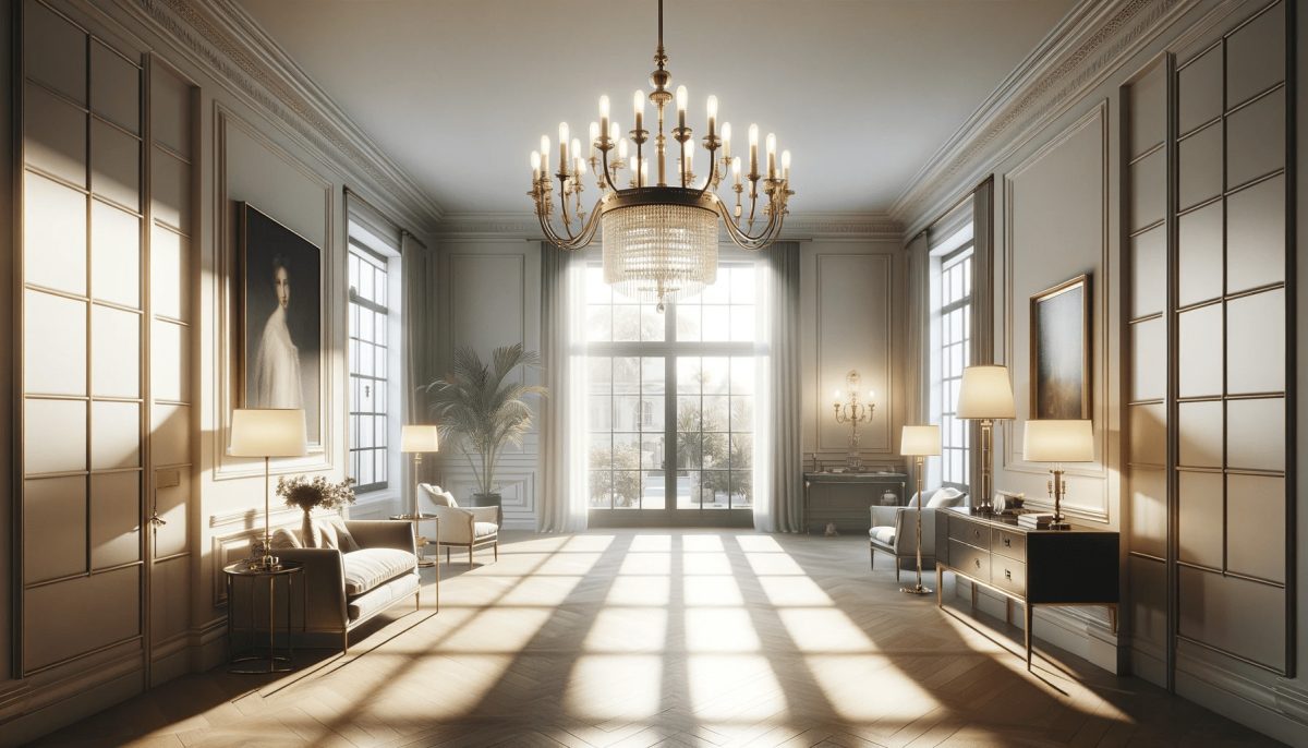 Un interno in stile classico moderno, focalizzandosi sull'illuminazione naturale e l'atmosfera. La stanza è illuminata principalmente da una lampadario classico e dalla luce naturale, creando un ambiente equilibrato e raffinato.