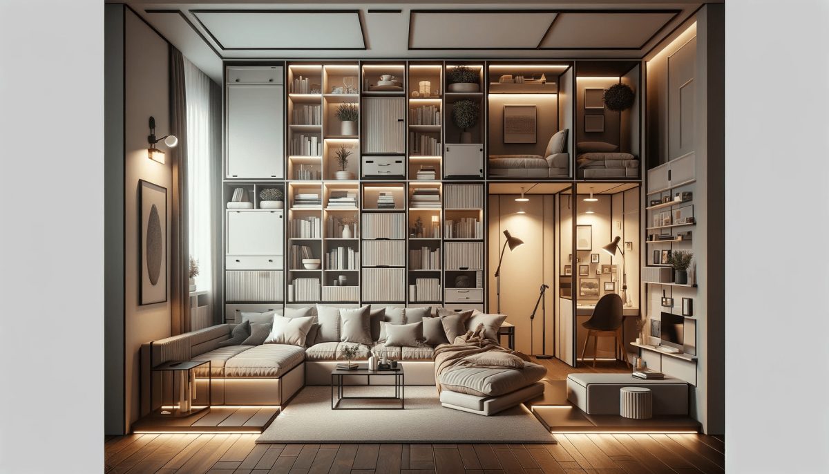 Ottimizzazione dello spazio in uno stile classico moderno, mostrando come mobili multifunzionali e una pianificazione intelligente dello spazio possano creare un ambiente sia funzionale che elegante.