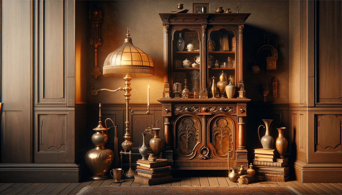 Un dettaglio di un angolo della casa con un mobile vintage, circondato da accessori d'epoca come lampade, vasi e libri, che insieme creano un'atmosfera calda e accogliente.