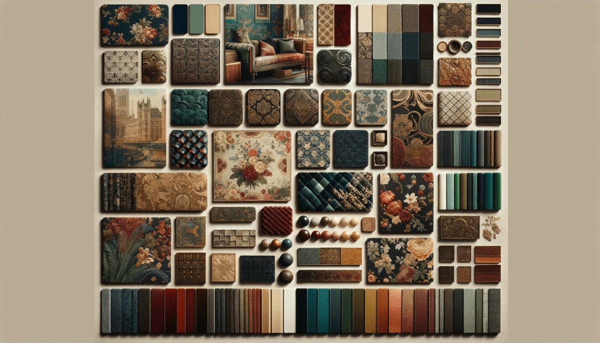 Un collage che mostra una varietà di materiali e palette di colori utilizzati nell'arredamento vintage, evidenziando come diversi materiali e colori possano coesistere armoniosamente in uno spazio vintage.