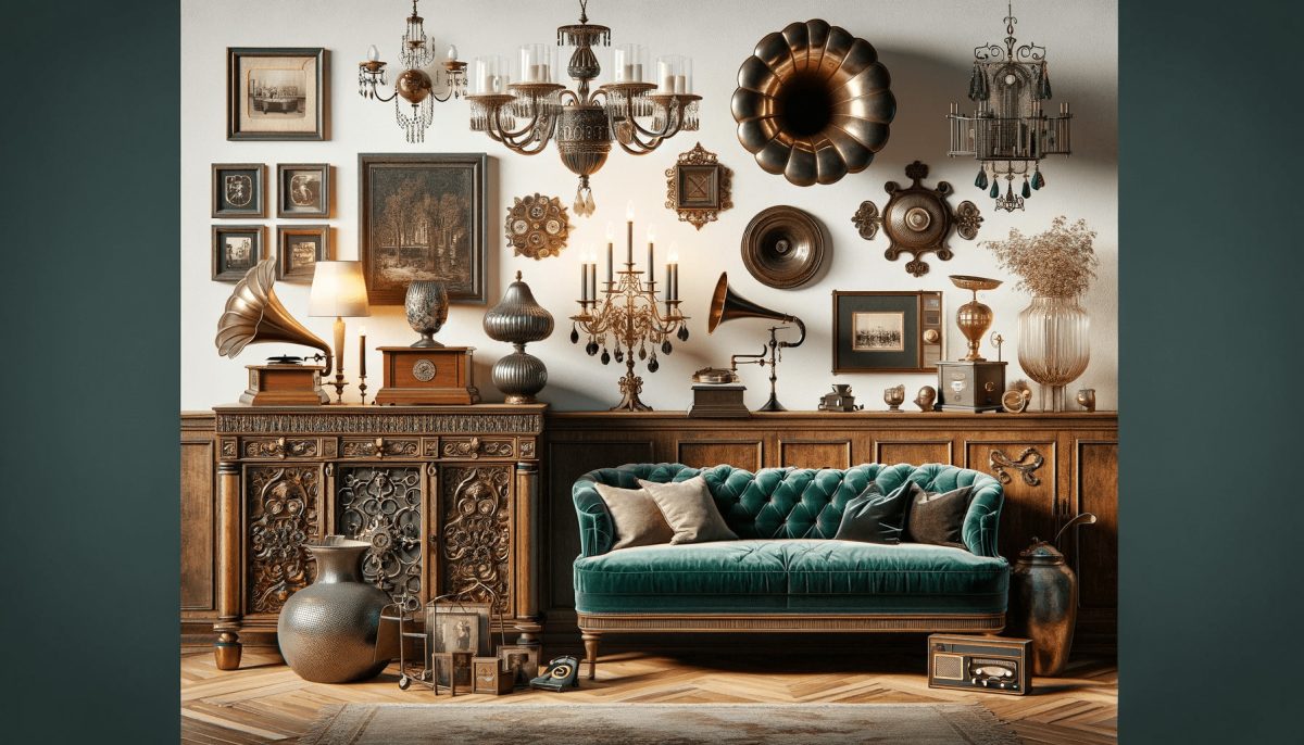 Una composizione che mostra una selezione di mobili e accessori essenziali per l'arredamento vintage, come una credenza in legno, un divano in velluto, lampadari d'epoca, e oggetti decorativi caratteristici.