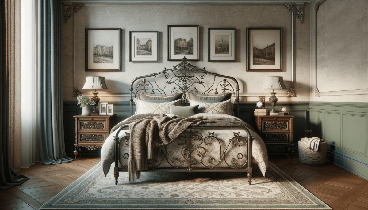 La stanza presenta un design classico con un armonioso mix di elementi antichi e moderni. Include un letto in ferro battuto vintage con una testiera ornamentale, ricoperto di morbida biancheria a motivi.